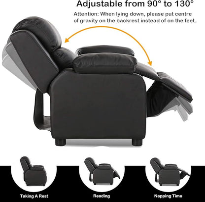 Costzon Kids Recliner, Leather Recliner Chair w/Footrest, Armrest Storage, Headrest & Lumbar Support, Ergonomic Lounge Chair for Living & Gaming Room, Adjustable Recliner Sofa for Boys Girls (Black)
