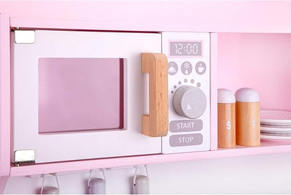 New Classic Toys Wooden Pretend Toy Kitchen for Kids Role Play Included Accessoires Pink Colored - Makes Sound