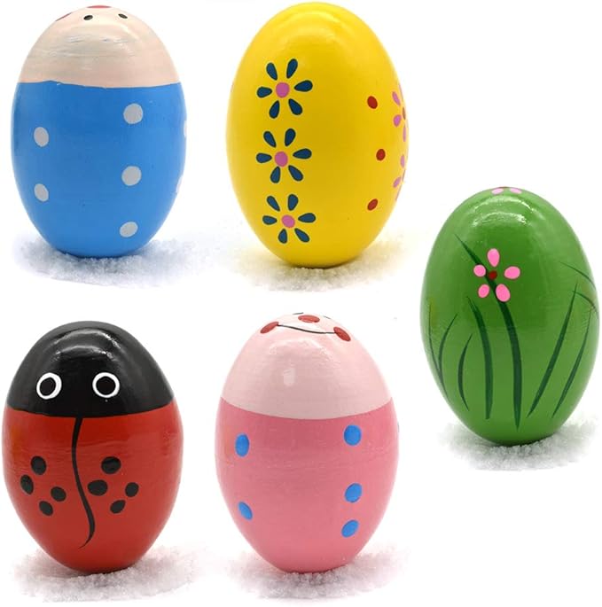 Hayder 5 Pack Wooden Easter Eggs Shakers Maracas Percussion Musical for Party Favors, Classroom Prize Supplies, Basket Stuffers Fillers, Easter Gifts for Children