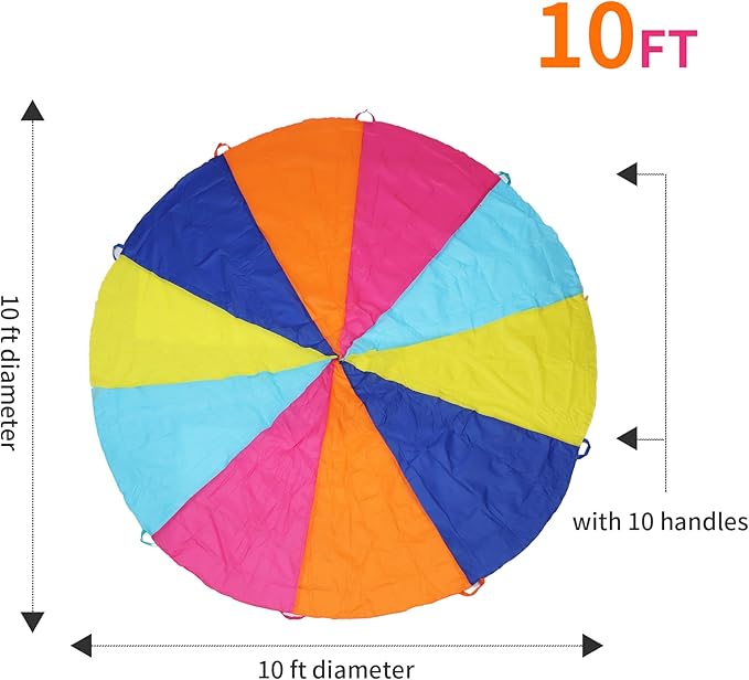 10ft Rainbow Parachute, Play Parachute Toy for Kids, Parachute with Handles Indoor & Outdoor Play Equipment, Large