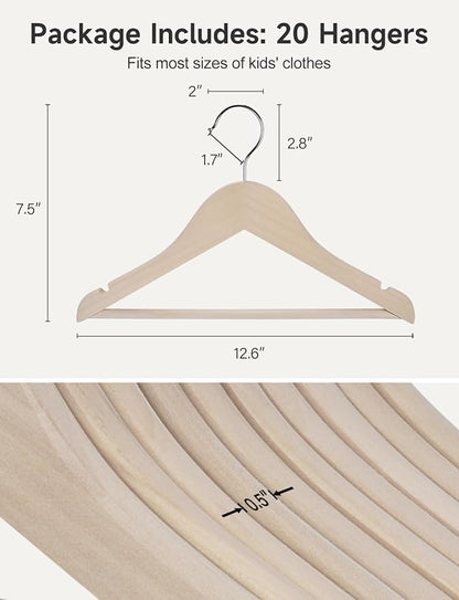 StorageWorks Baby Clothes Hangers, Kids Wooden Hangers with Pant Bar, 20-Pack Natural Wood Hangers for Toddler, Children's Coat Hangers for Closet, Solid Lotus Wood Hangers, Natural Lotus Wood Color