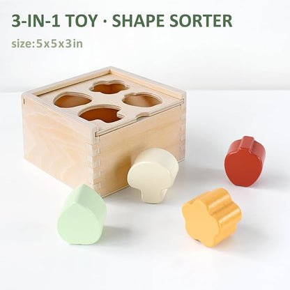 PairPear Educational Toys Set 3 in 1 - Wooden Toys Shape Sorter Cubes - Activity Stacking Toys - Animal Todder Puzzles - Classic Learning Toys Gift for Baby 1 Year Old and Up.