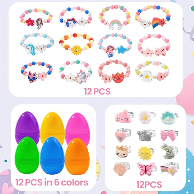 12 Pack Prefilled Easter Eggs with 24pcs Bracelets Rings Easter Basket Stuffers Easter Egg Fillers for Girls Party Favors Kids Toddler Easter Gifts