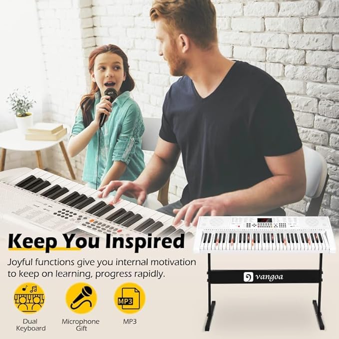 Vangoa Keyboard Piano 61 Key, Full Size Electric Piano Keyboard Light UP Keys with 3 Teaching Modes, Learning Music Keyboard Piano with Stand Headphones for Beginners, VGK6101 White