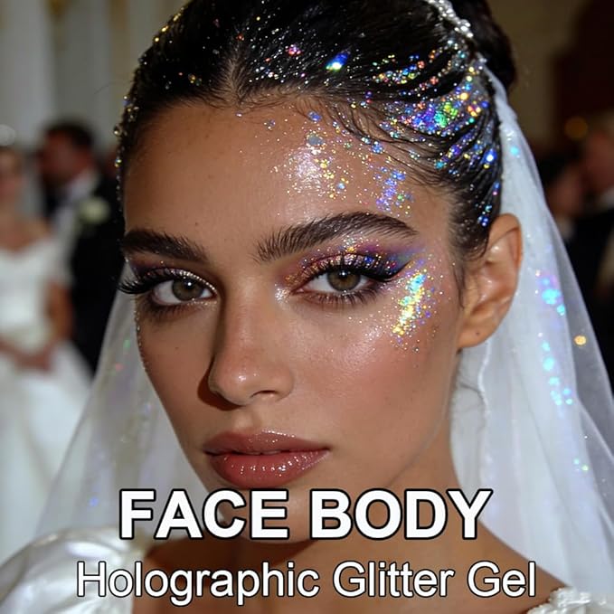 White Face Body Hair Glitter Gel for Women and Kids, Monochrome Holographic Mermaid Sequins Chunky Glitter Paint Makeup for Mardi Gras Halloween Festival Rave Outfits Accessories, 1.7oz, #06