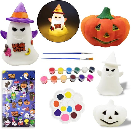 Pinkiwine 2 Pack Halloween Paint Your Own Pumpkin Ghost LED Night Lights Crafts Kit for Kids Boys Girls Halloween Toys Halloween Treat Bags Gifts Party Favors