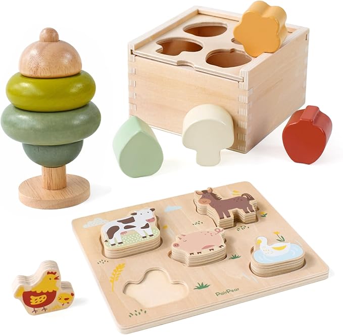 PairPear Educational Toys Set 3 in 1 - Wooden Toys Shape Sorter Cubes - Activity Stacking Toys - Animal Todder Puzzles - Classic Learning Toys Gift for Baby 1 Year Old and Up.