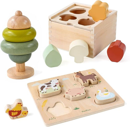 PairPear Educational Toys Set 3 in 1 - Wooden Toys Shape Sorter Cubes - Activity Stacking Toys - Animal Todder Puzzles - Classic Learning Toys Gift for Baby 1 Year Old and Up.