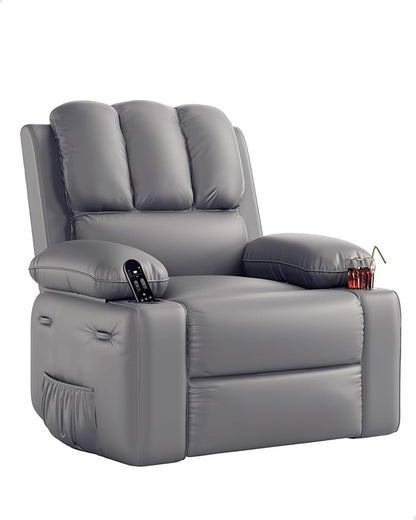 27'' Leather Recliner Chair Oversized, Overstuffed Manual Recliner Chair, Single Sofa for Adults, with Cup Holder and Side Pockets, for Living Rooms, Max Weight 400 lbs, Gray