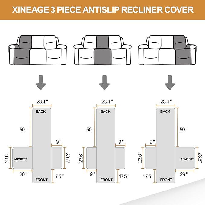 XINEAGE Water Resistant Recliner Cover, 3 seat Recliner Sofa Covers with Pockets, Quilted Thick Recliner Protector Cover for Dog Pets with Non Slip Backing and Strap (Recliner Sofa, Dark Gray)