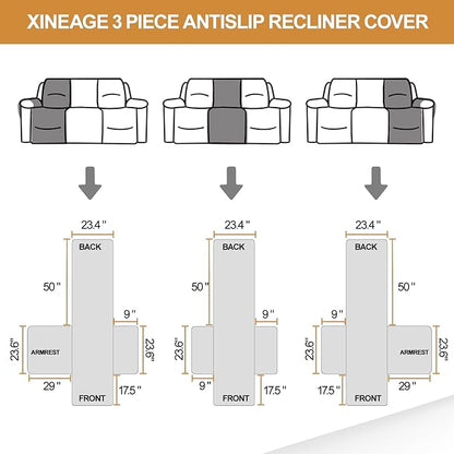 XINEAGE Water Resistant Recliner Cover, 3 seat Recliner Sofa Covers with Pockets, Quilted Thick Recliner Protector Cover for Dog Pets with Non Slip Backing and Strap (Recliner Sofa, Dark Gray)