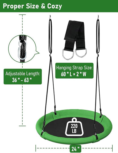24 Inch Saucer Tree Swing Set for Kids & Adults, Adjustable Flying Swing Seat for Backyard or Outdoor Playground, Green & Black