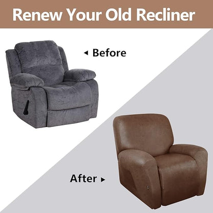 molasofa Recliner Chair Covers Large Size Oversized - 4 Pieces Leather Like Extra Large Recliner Chair Covers Stretch Recliner Slipcover for Lazy Boy Wide Recliner Chair Washable (Brown)