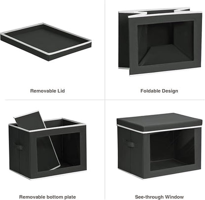 Homsorout Storage Boxes with Lids, Collapsible Storage Bins with Handles, Closet Storage Baskets with Window, Fabric Storage Containers for Organizing Clothes, Towels, Books, 3 Packs, Black