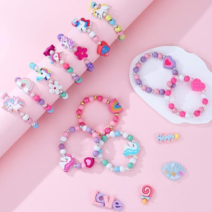 12 Pcs Kids Bracelets for Toddlers Girls - Unicorn Party Favors Pinata Stuffers Birthday Goodies Bag Stuffers Fillers, Cute Wooden Beaded Bracelets Rainbow Heart Pendants Play Jewelry Gifts