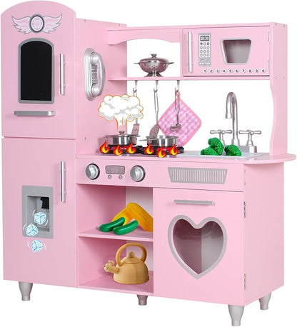 TaoHFE LED Upgrade Kitchen Set for Kids Wooden Play Kitchen LED Gas Tray with Sound Toy Kitchen Sets for Girls Gift Enjoy Cooking with Lights and Sounds Pink Kitchen for Toddlers Kids Kitchen Playset