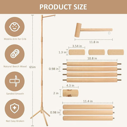 Floor-Standing Crib Mobile Arm with Music Box - 65 Inch Wooden Mobile Arm for Crib - Crib Mobile Motor - Volume Control - 35 Lullabies - Wooden Nursery Decor - Baby Mobile Hanger