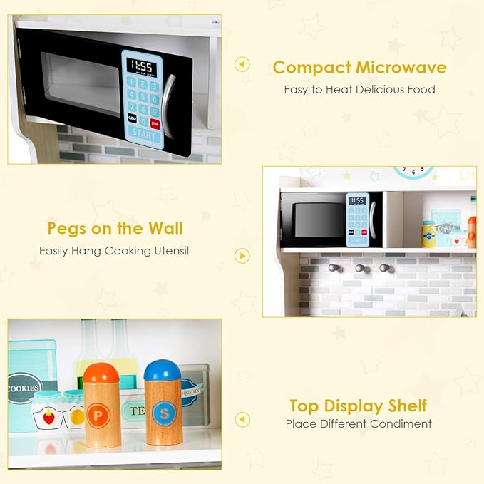 Costzon Kids Kitchen Playset, Wooden Pretend Chef Cooking Toy Kitchen with Realistic Sound, Microwave, Sink, Cookware Accessories, Play Kitchen for Toddlers, Boys, Girls, Gift for Ages 3+