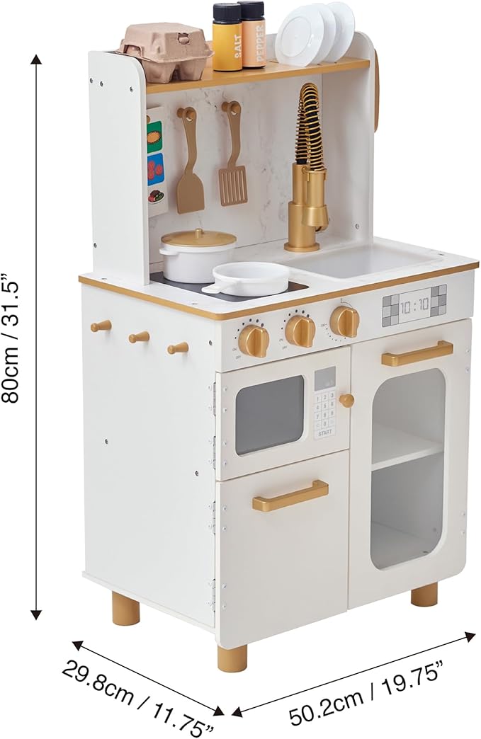 Teamson Kids Little Chef Memphis Wooden Play Kitchen with Interactive, Realistic Features, and 16 Kitchen Accessories for 3yrs and up, Light Oak/Faux White Marble/Gold