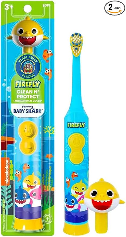 Firefly Clean N' Protect, Baby Shark Toothbrush with 3D Character Cover, Soft Bristles, Anti-Slip Grip Handle, Battery Included, Ages 3+, 1 Count