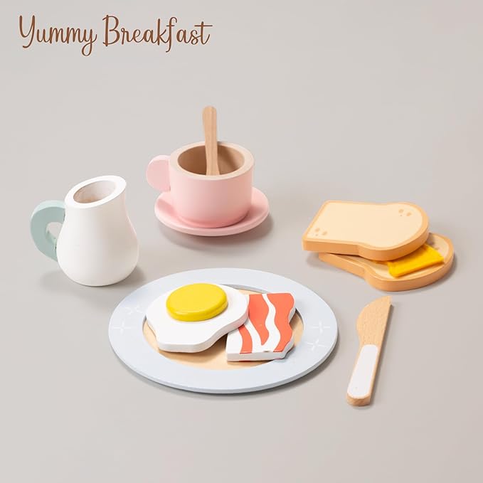 Giant bean Kids Wooden Tea Set for Little Girls, 21 PCS Kitchen Playset Toys Gifts for Toddlers Kids Boys 1 2 3 4 5 6, Play Kitchen Accessories for Kids Tea Party