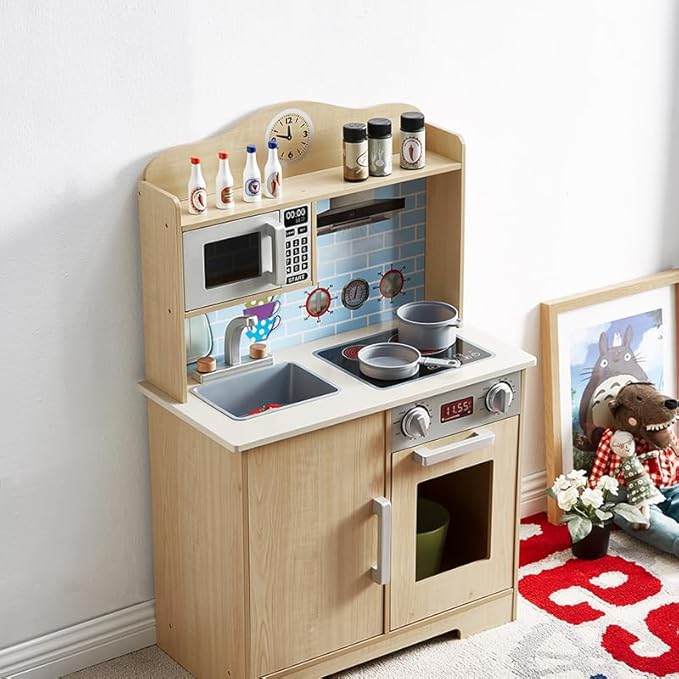 Play Kitchen for Kids, Wooden Toddlers Toy Kitchen Playset, Kitchen Cooking Set with Plenty of Play Features, Kitchen Pretend Play Set, Toys Kitchen with 13 Pcs Toy, Gift for Girls and Boys Ages 3+