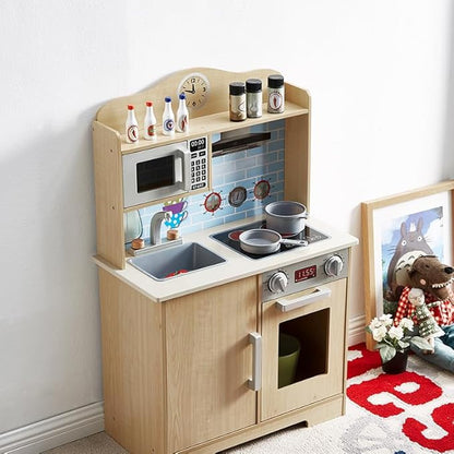 Play Kitchen for Kids, Wooden Toddlers Toy Kitchen Playset, Kitchen Cooking Set with Plenty of Play Features, Kitchen Pretend Play Set, Toys Kitchen with 13 Pcs Toy, Gift for Girls and Boys Ages 3+