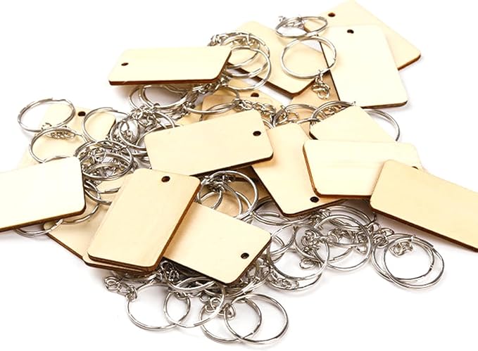 QMTSINEW 100Pcs Blank Rectangle-Shaped Wooden Keychain Set,Unfinished Wood Pieces with Key Rings and Hemp Rope,Personalized Wood Keychain,Key Tags DIY Keychain Supplies for Holiday Craft Projects, Han
