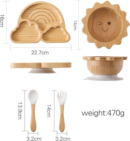 Bamboo Suction Plates Bowls Set for Baby Toddler Divided Platter Food bowl with Silicone Fork & Spoon All-Natural Baby Feeding Set for Baby-Led Weaning, Non-Slip Design