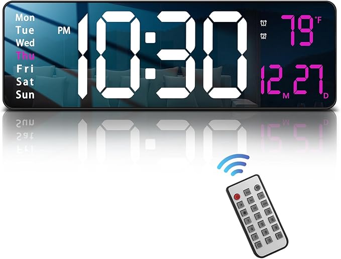 Modern 16" Large Digital Wall Clock with Remote Control, LED Display, Auto-Dimming, Countdown, Temperature, Calendar - 12/24Hr Format - Silent Wall Clock for Home, Office, or Gym Use (Pink)