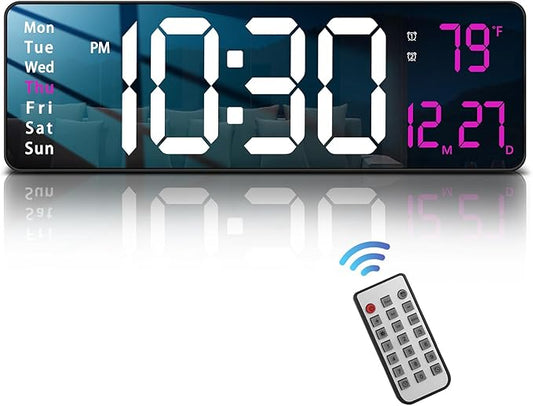 Modern 16" Large Digital Wall Clock with Remote Control, LED Display, Auto-Dimming, Countdown, Temperature, Calendar - 12/24Hr Format - Silent Wall Clock for Home, Office, or Gym Use (Pink)