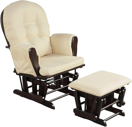 Costzon Nursery Glider with Ottoman, Upholstered Comfort Glider Rocker with Padded Cushion, Storage Pocket, Solid Wood Base, Rocking Chair Nursery for Breastfeeding, Maternity, Napping (Beige)