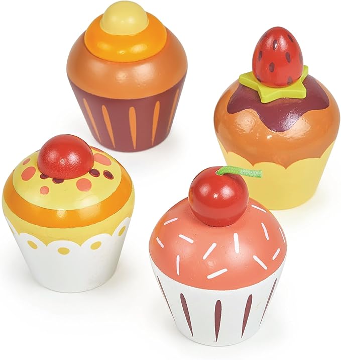 Mentari Toys - Teatime Cupcake Set - 4pc Wooden Cupcake Play Food Set - Pretend Play Kitchen and Market Food Accessories - Encourages Role Play and Develops Social Skills - Gift for Toddlers - Age 3+