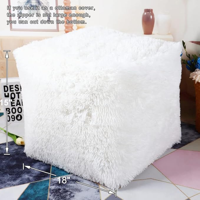 Asuprui Square Pouf Ottoman Unstuffed White 18x18x15 Inches Fuzzy Storage Bean Bag Unstuffed Pouf Ottoman Foot Rest NO Filler Ottoman Pouf for Living Room Bedroom Cover ONLY