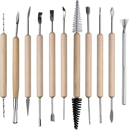 S & E TEACHER'S EDITION 11 Pcs Pottery & Clay Sculpting Tools, Double-Sided, Ceramics Tools Smooth Wooden Handles for Trimming, Embossing Pattern.