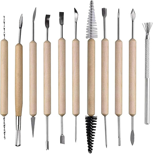 S & E TEACHER'S EDITION 11 Pcs Pottery & Clay Sculpting Tools, Double-Sided, Ceramics Tools Smooth Wooden Handles for Trimming, Embossing Pattern.
