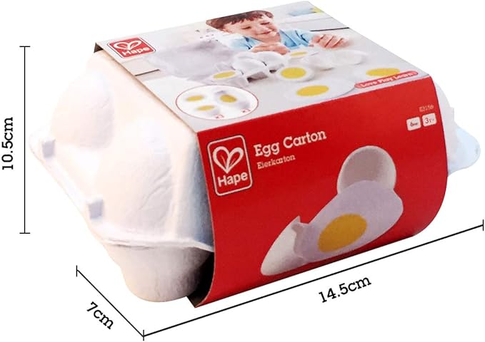 Hape Egg Carton | 3 Hard-Boiled Eggs with Easy-Peel Shell & 3 Fried, Wooden Realistic Educational Toy for Children 3+, White and Yellow (E3156)