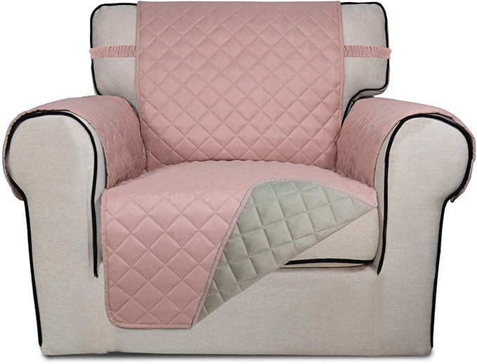 PureFit Reversible Quilted Sofa Cover, Water Resistant Slipcover Furniture Protector, Washable Couch Cover with Non Slip Foam and Elastic Straps for Kids, Dogs, Pets (Small, Pink/Beige)
