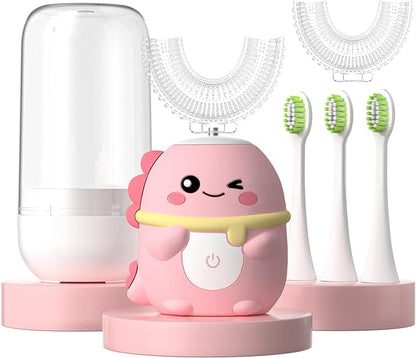 Kids Electric Toothbrush U Shaped Toddler Auto Sonic Toothbrushes with 5 Brush Head,Cartoon Dinosaur Ultrasonic Toothbrushes for Children 2-12 Years,360° Full Mouth Cleaning Automatic