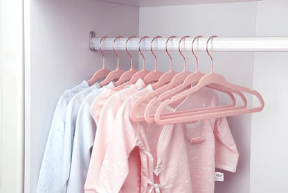 ManGotree Baby Velvet Hangers with 360° Swivel Rose Gold Hook, 10.95" Non-Slip Toddler Hangers, Ultra Thin Space Saving Infant Hangers for Kids Clothes, 15 Pack (Light Pink)