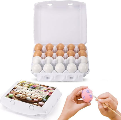 Fake Eggs, 20 Count Brown and White Wooden Easter Eggs for Painting and Crafts,Food Toys for Kitchen Play and Room Decor, Eggs for Nesting Boxes, Poultry Incubators