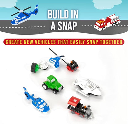 Popular Playthings Micro Mix or Match Vehicles Deluxe Set of 4 Toy Train, Toy Spaceship, Toy Tractor, & Toy Helicopter Multicolor