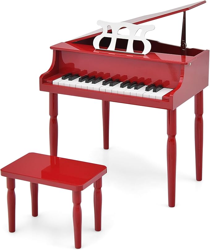 Goplus 30-Key Classical Kids Piano, Mini Grand Piano Wooden Learn-to-Play Musical Instrument Toy with Bench, Piano Lid, Music Rack, Gift for Boys Girls Aged 2+ Baby Toddler (4 Straight Leg-Red)