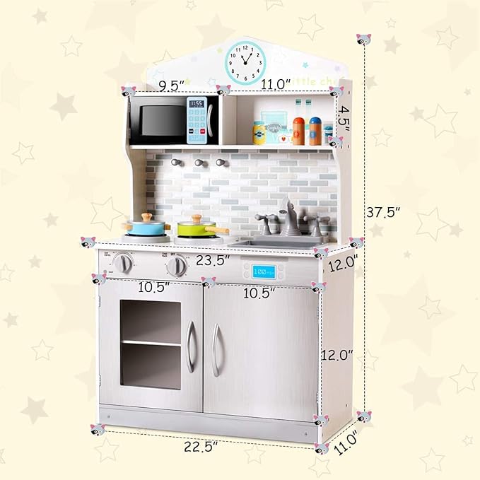 OLAKIDS Kids Kitchen Playset, Wooden Play Kitchen for Toddlers with Real Sounds, Stove Microwave Oven Sink Faucet, Large Storage Cabinet, Pretend Play Toys Cooking Gift for Boys Girls (Silver)