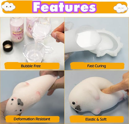 Taba Squishy Kit Big Seal Silicone Mold 6''+Liquid Gel+Flocking Cute Animal Making Set
