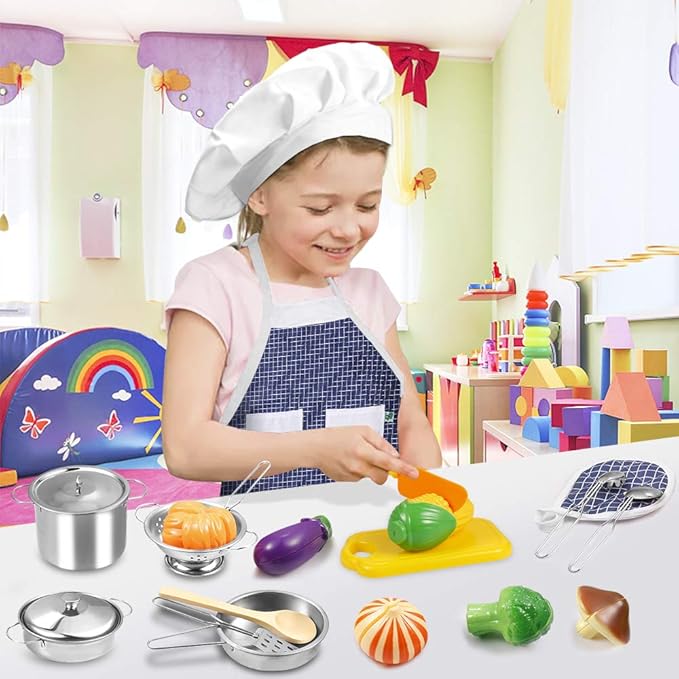 Play Kitchen Accessories, Kids Kitchen Pretend Play Toys, Kitchen Set with Stainless Steel Cooking Utensils Cookware Pots and Pans Set Healthy Vegetables, Knife, Apron, Little Chef Boys Girls