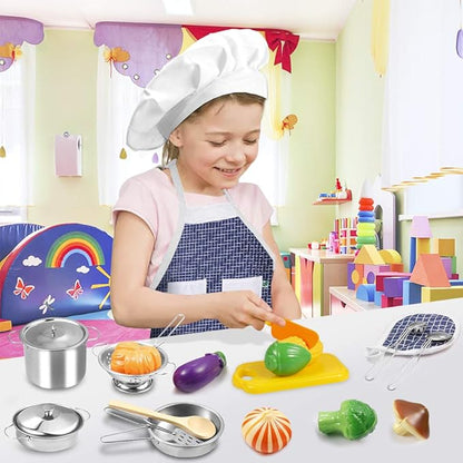 Play Kitchen Accessories, Kids Kitchen Pretend Play Toys, Kitchen Set with Stainless Steel Cooking Utensils Cookware Pots and Pans Set Healthy Vegetables, Knife, Apron, Little Chef Boys Girls