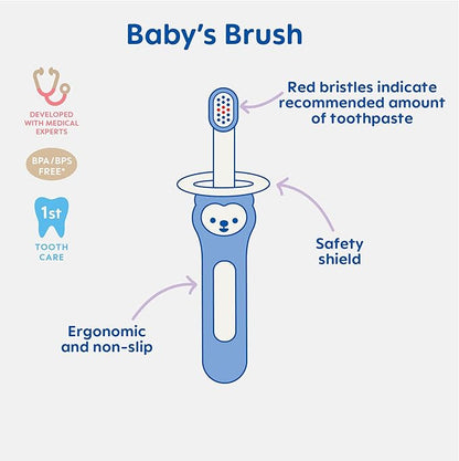 MAM Baby Toothbrushes (2 Baby's Brushes and 1 Safety Shield), Toothbrushes with Brushy the Bear Character, Interactive App, For Boys 6+ Months