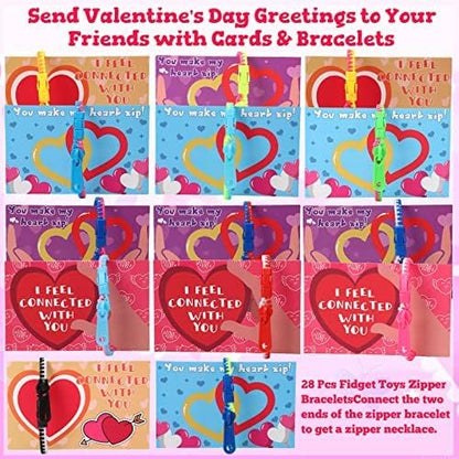 Wpond 28 Pcs Valentines Day Gifts, Kids Valentines Day Prefilled Valentine Cards with Zipper Bracelets, Zipper Bracelet Friendship Bracelet Party Sensory Bracelet Toys Favors for School Students