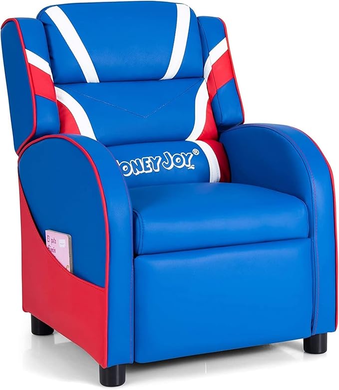 MEDIMALL Ergonomic Children's Recliner Chair with Side Pockets and Adjustable Footrest, Made of PU Leather Material, with Soft Cushions for Children's Recliner, Suitable for Children Aged 3-9